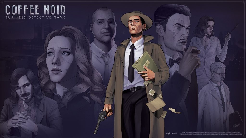 Promotional image with Arthur standing in the front and several characters in the back. A logo Coffee Noir: Detective Business Game is placed to the left.