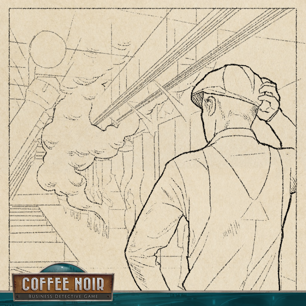 A drawing showing a worker scratching his head, standing with his back to the viewer. In the background, there is a factory machine and smoke coming out of it, covering a lot of the view