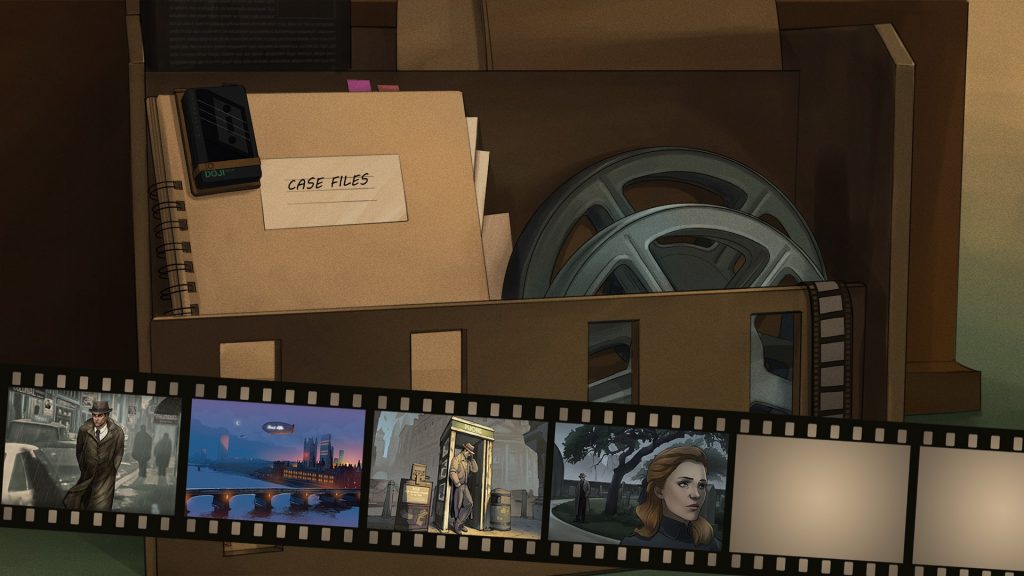 A screenshot of the Comic Bank UI. It shows a folder and a film spool, below there's a number of scenes on a film reel to choose from.