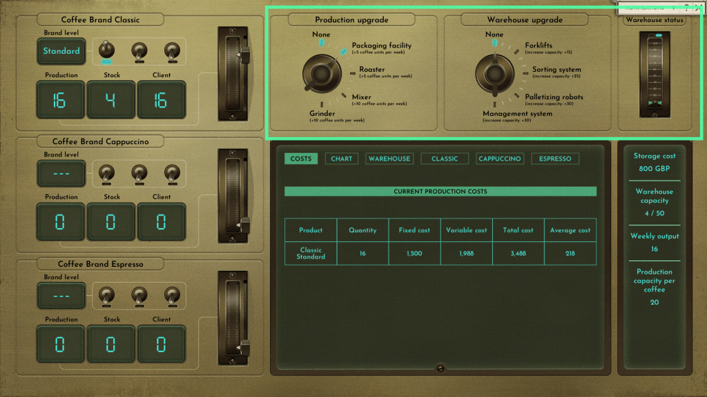 A screenshot of the Production UI with highlighted part where you can get upgrades and check warehouse status on top right