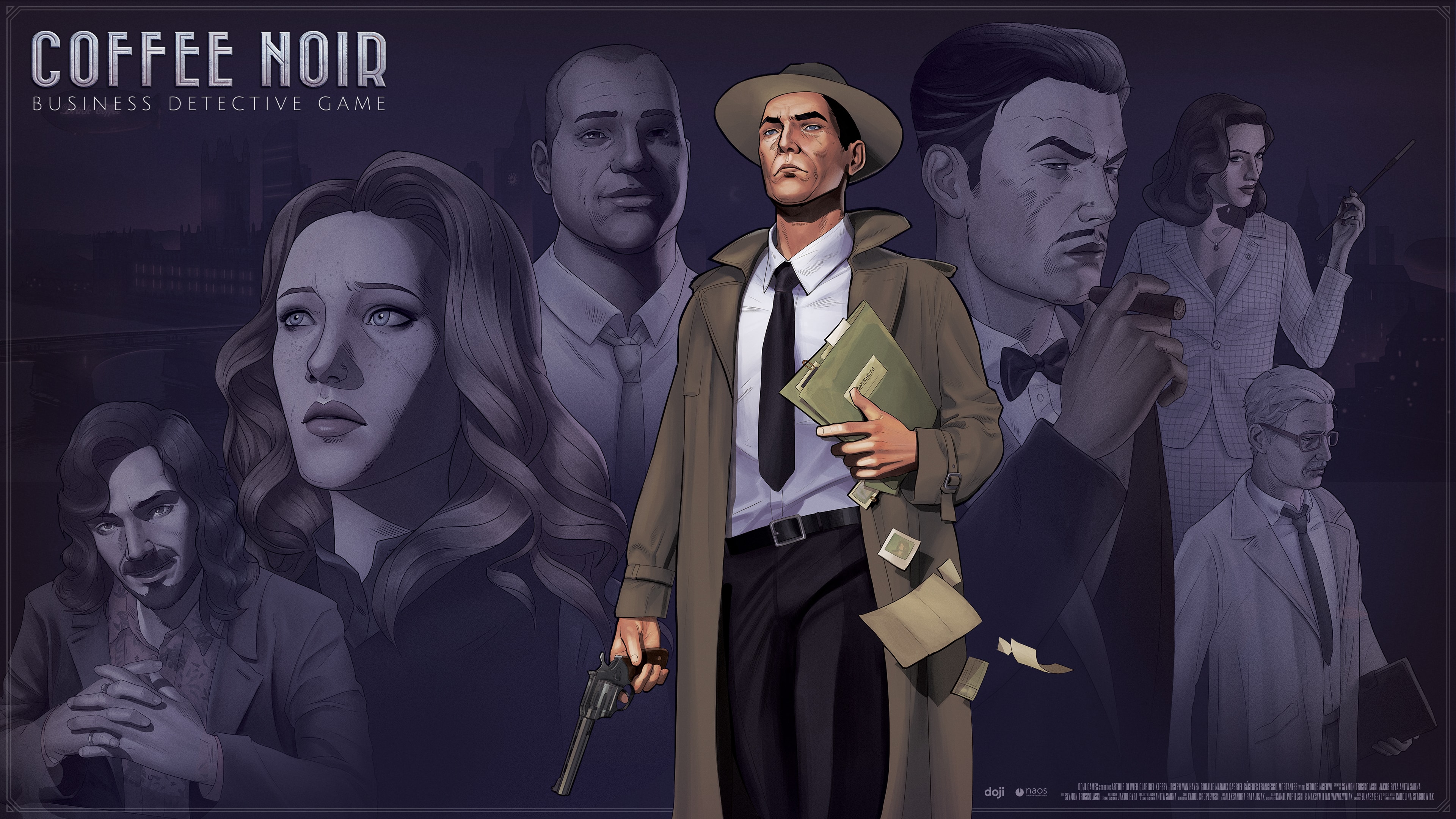 Promotional image with Arthur standing in the front and several characters in the back. A logo Coffee Noir: Detective Business Game is placed to the left.