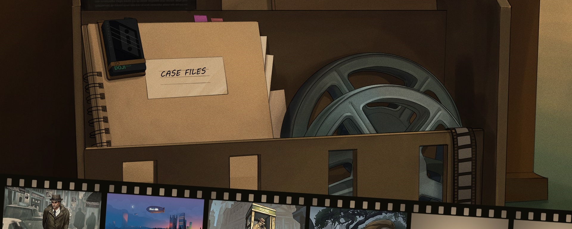 A screenshot of the Comic Bank UI. It shows a folder with text "case files" on it, it has an attached casette with "doji" written on it, and a film spool, below there's a number of scenes on a film reel to choose from.