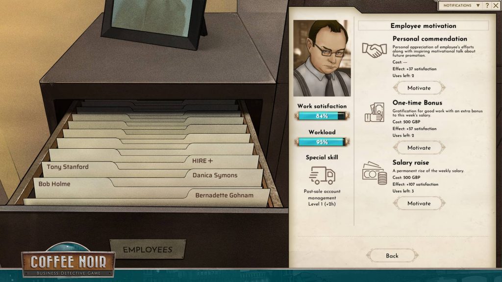 Screenshot of the HR UI showing employee Bob Holme and options to motivate him.