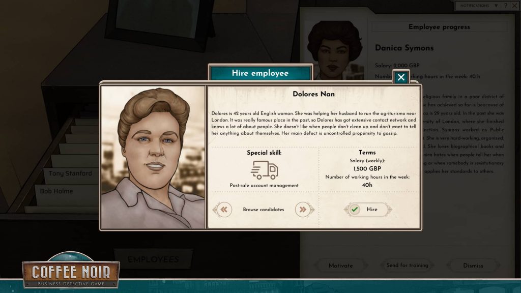 Screenshot of the HR UI showing candidate Dolores Nan and her background, special skill and terms.